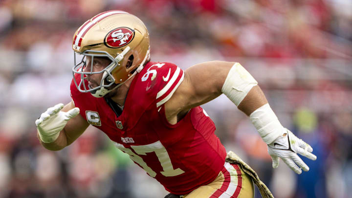 November 17, 2024; Santa Clara, California, USA; San Francisco 49ers defensive end Nick Bosa (97) during the second quarter against the Seattle Seahawks at Levi's Stadium. Mandatory Credit: Kyle Terada-Imagn Images