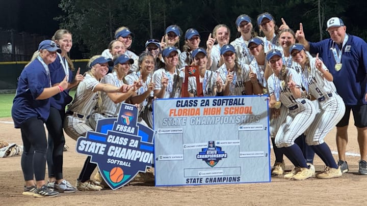Calvary Christian High School Softball defeated North Bay Haven Academy, 6-4, to win the Class 2A Championship (May 21, 2025). Photo Credit: Calvary Christian Softball.