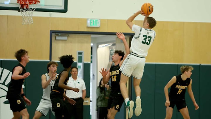 Alec Blair (33) with one of his big high jump shots from the midrange earlier this season against Serra.