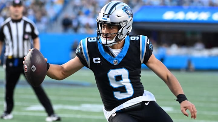 Dec 24, 2023; Charlotte, North Carolina, USA; Carolina Panthers quarterback Bryce Young (9) scrambles in the fourth quarter at Bank of America Stadium. Dec 24, 2023; Charlotte, North Carolina, USA; Carolina Panthers quarterback Bryce Young (9) scrambles in the fourth quarter at Bank of America Stadium.
