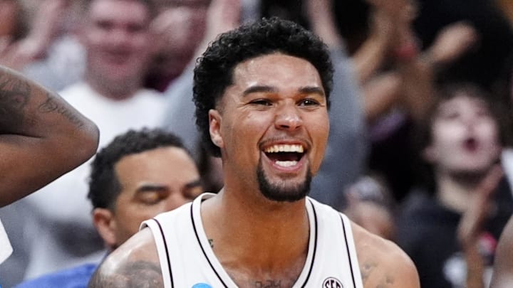 March 20, 2025; Denver, CO, USA; Texas A&M Aggies guard Jace Carter (0) reacts during the second half against the Yale Bulldogs at Ball Arena. Mandatory Credit: Ron Chenoy-Imagn Images