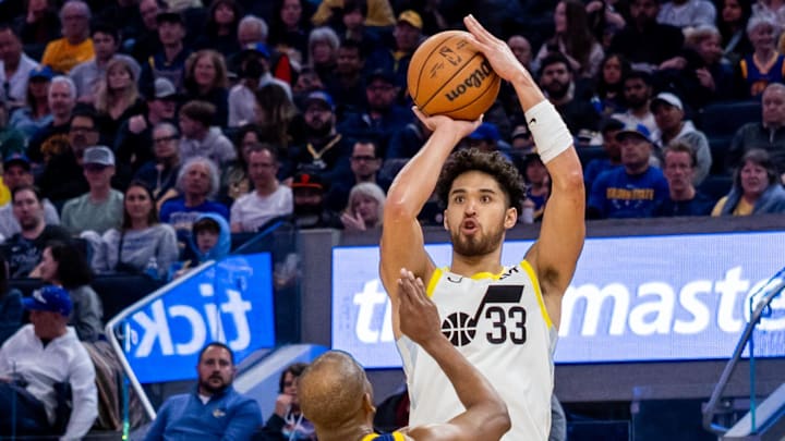 Apr 7, 2024; San Francisco, California, USA;  Utah Jazz guard Johnny Juzang (33) shoots a 3-pointer