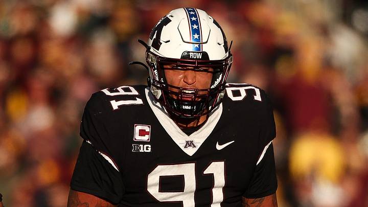 Nov 1, 2025; Minneapolis, Minnesota, USA; Minnesota Golden Gophers defensive lineman Deven Eastern (91) celebrates against the Michigan State Spartans during the second half at Huntington Bank Stadium. Mandatory Credit: Matt Krohn-Imagn Images