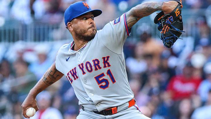 Jul 6, 2026; Cumberland, Georgia, USA; New York Mets pitcher Freddy Peralta (51) pitches the ball against the Atlanta Braves during the first inning at Truist Park. Mandatory Credit: Jordan Godfree-Imagn Images