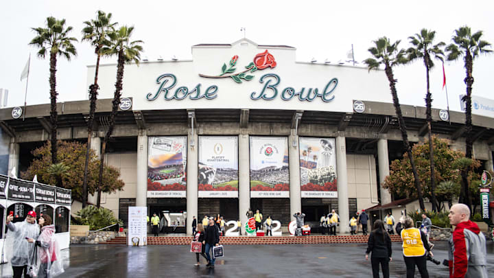 The Rose Bowl sign outside of the stadium in Pasadena, CA for the Rose Bowl game against Indiana on Jan. 1, 2026.