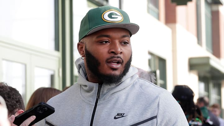 Green Bay Packers guard Elgton Jenkins speaks to media on April 11, 2023, outside Lambeau Field before the start of the team's annual Tailgate Tour.

Gpg Tailgatetour 041123 Sk25