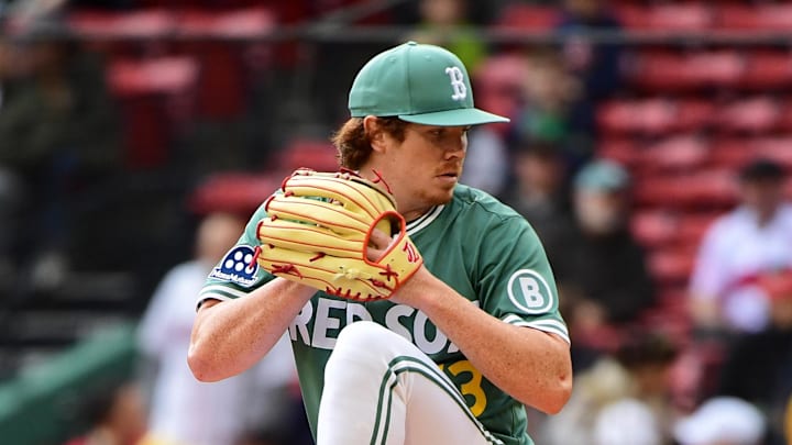 May 24, 2025; Boston, Massachusetts, USA;  Boston Red Sox starting pitcher Hunter Dobbins (73) pitches during the first inning against the Baltimore Orioles at Fenway Park. Mandatory Credit: Bob DeChiara-Imagn Images