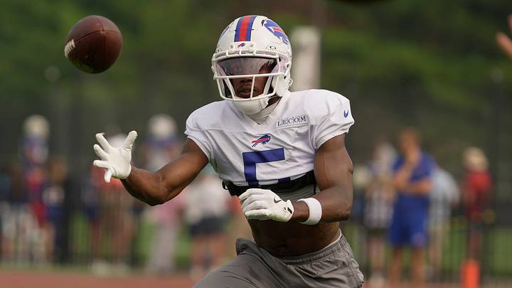 Buffalo Bills wide receiver Joshua Palmer reaches out for the ball at Bills Training Camp at St. John Fisher University in Pittsford on Aug.6, 2025. Buffalo Bills wide receiver Joshua Palmer reaches out for the ball at Bills Training Camp at St. John Fisher University in Pittsford on Aug.6, 2025.