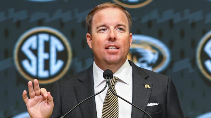 Missouri Tigers coach Eliah Drinkwitz talks to the media during the SEC Media Days at Omni Atlanta Hotel.