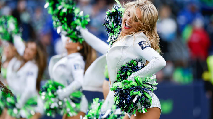 Sep 21, 2025; Seattle, Washington, USA; Seattle Seahawks cheerleaders perform during the second half against the New Orleans Saints at Lumen Field. 