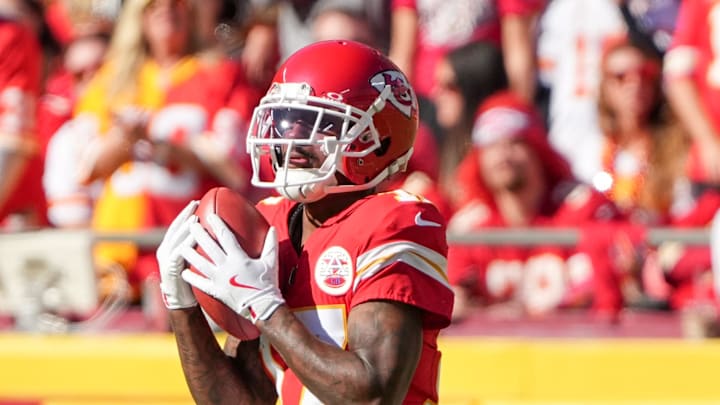 Nov 10, 2024; Kansas City, Missouri, USA; Kansas City Chiefs wide receiver Mecole Hardman (17) returns a punt against the Denver Broncos during the game at GEHA Field at Arrowhead Stadium. Mandatory Credit: Denny Medley-Imagn Images