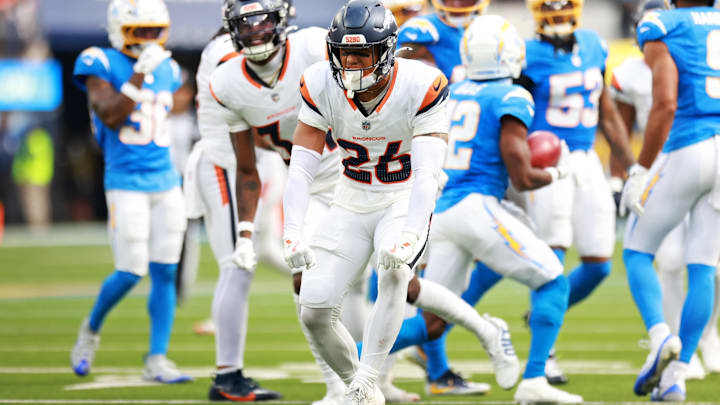 Sep 21, 2025; Inglewood, California, USA; Denver Broncos safety Devon Key (26) reacts after a play during the second half against the Los Angeles Chargers at SoFi Stadium. Mandatory Credit: William Navarro-Imagn Images