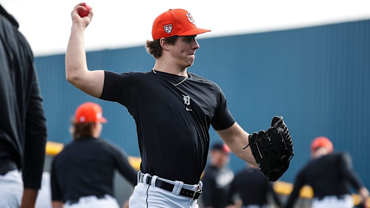Detroit Tigers pitcher Jackson Jobe warms up during spring training at Tigertown in Lakeland, Fla. on Tuesday, Feb. 13, 2024. Detroit Tigers pitcher Jackson Jobe warms up during spring training at Tigertown in Lakeland, Fla. on Tuesday, Feb. 13, 2024.