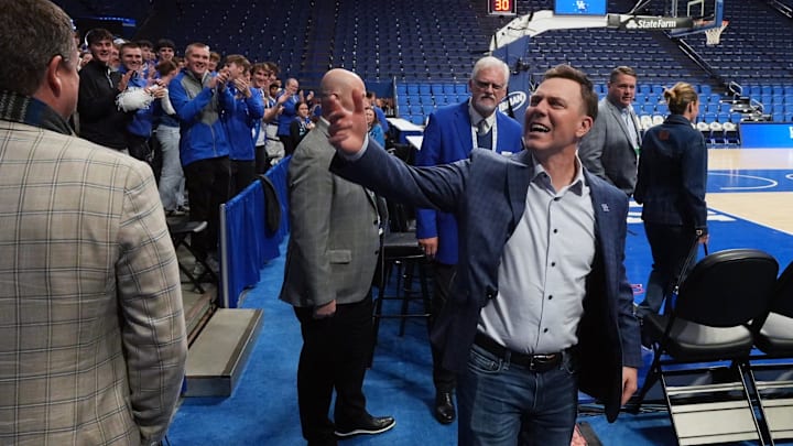 Kentucky’s new football coach Will Stein gets the crowd going a couple of hours before the game against North Carolina in Rupp Arena.
Dec. 2, 2025
