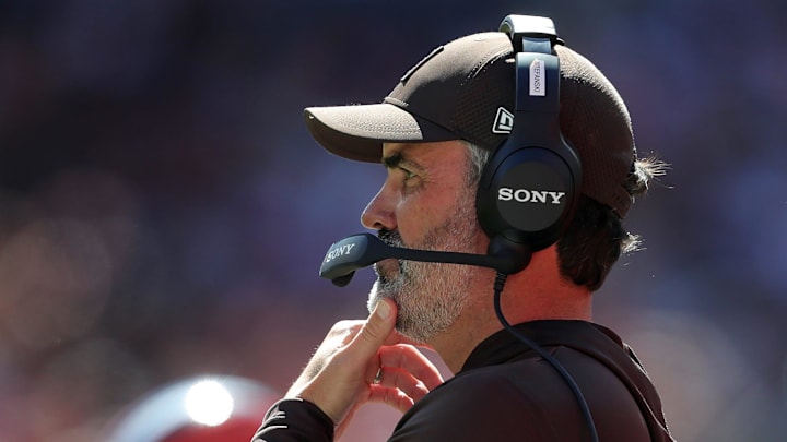Cleveland Browns football coach Kevin Stefanski works the sideline during the second half of an NFL football game at Huntington Bank Field, Sept. 7, 2025, in Cleveland, Ohio.