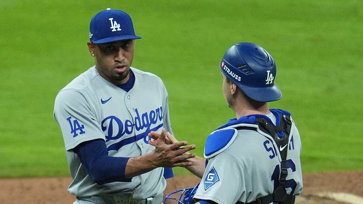 Oct 6, 2026; Cumberland, Georgia, USA; Los Angeles Dodgers pitcher Edwin Diaz (3) shakes hands with catcher Will Smith (16) after defeating the Atlanta Braves in game three of the NLDS for the 2026 MLB Playoffs at Truist Park. Mandatory Credit: Dale Zanine-Imagn Images Oct 6, 2026; Cumberland, Georgia, USA; Los Angeles Dodgers pitcher Edwin Diaz (3) shakes hands with catcher Will Smith (16) after defeating the Atlanta Braves in game three of the NLDS for the 2026 MLB Playoffs at Truist Park. Mandatory Credit: Dale Zanine-Imagn Images