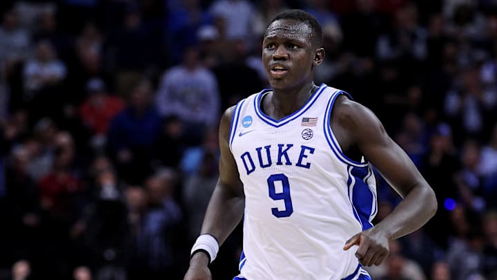 Mar 29, 2025; Newark, NJ, USA; Duke Blue Devils center Khaman Maluach (9) runs up court during the second half against the Alabama Crimson Tide in the East Regional final of the 2025 NCAA tournament at Prudential Center. Mandatory Credit: Vincent Carchietta-Imagn Images