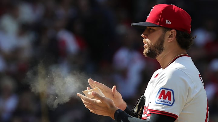 Cleveland Guardians starting pitcher Slade Cecconi (44) dries his hands off in between pitches during the first inning of Game 3 of the American League Wild Card Series at Progressive Field, Oct. 2, 2025, in Cleveland, Ohio.