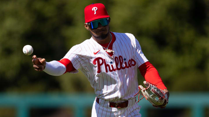 Mar 29, 2024; Philadelphia, Pennsylvania, USA; Philadelphia Phillies center fielder Johan Rojas Mar 29, 2024; Philadelphia, Pennsylvania, USA; Philadelphia Phillies center fielder Johan Rojas