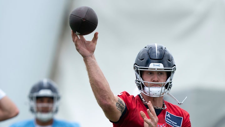 Tennessee Titans quarterback Will Levis (8) rthrows in drills during OTAs at Ascension Saint Thomas Sports Park in Nashville, Tenn., Wednesday, May 28, 2025.
