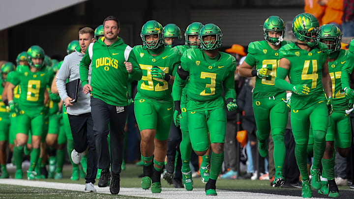 Oregon head coach Dan Lanning takes to the field with his team as the No. 9 Oregon Ducks take on the No. 21 Oregon State Beavers at Reser Stadium in Corvallis, Ore. Saturday, Nov. 26, 2022.

Ncaa Football Uo Vs Osu Rivalry Game University Of Oregon At Oregon State