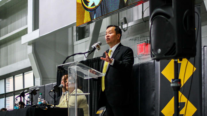 UM System President Mun Choi introduces new Missouri athletic director Laird Veatch during a press conference inside Stephens Indoor Facility on April 26, 2024 in Columbia, Mo. UM System President Mun Choi introduces new Missouri athletic director Laird Veatch during a press conference inside Stephens Indoor Facility on April 26, 2024 in Columbia, Mo.