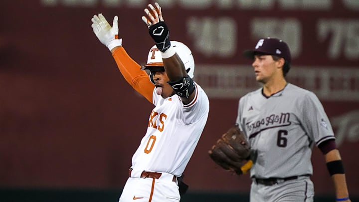 Texas Longhorns infielder Jayden Duplantier (0) celebrates a hit for a double during the Lone Star Showdown against Texas A&M at UFCU Disch-Falk Field on Friday, April 25, 2025.
