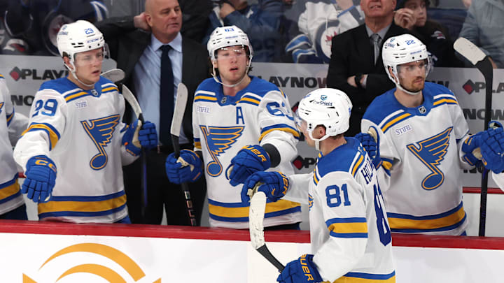 Mar 15, 2026; Winnipeg, Manitoba, CAN; St. Louis Blues left wing Dylan Holloway (81) celebrates a goal against the Winnipeg Jets in the third period at Canada Life Centre. Mandatory Credit: James Carey Lauder-Imagn Images Mar 15, 2026; Winnipeg, Manitoba, CAN; St. Louis Blues left wing Dylan Holloway (81) celebrates a goal against the Winnipeg Jets in the third period at Canada Life Centre. Mandatory Credit: James Carey Lauder-Imagn Images