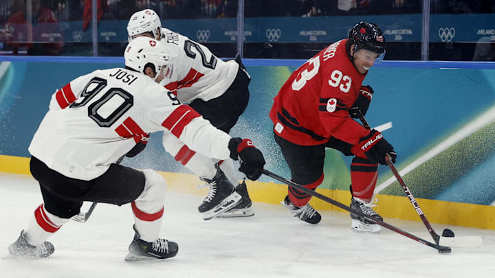 Feb 13, 2026; Milan, Italy; Mitch Marner of Canada in action with Roman Josi of Switzerland in men's ice hockey group A play during the Milano Cortina 2026 Olympic Winter Games at Milano Santagiulia Ice Hockey Arena. Mandatory Credit: Geoff Burke-Imagn Images Feb 13, 2026; Milan, Italy; Mitch Marner of Canada in action with Roman Josi of Switzerland in men's ice hockey group A play during the Milano Cortina 2026 Olympic Winter Games at Milano Santagiulia Ice Hockey Arena. Mandatory Credit: Geoff Burke-Imagn Images