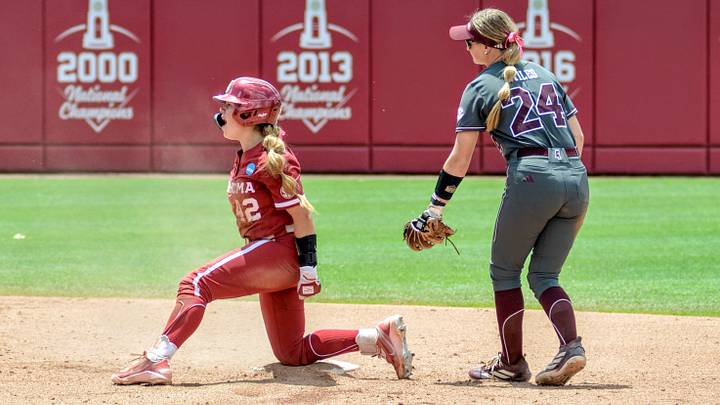 Oklahoma shortstop Gabbie Garcia celebrates after reaching second with a double against Mississippi State in the Norman Super Regional. Oklahoma shortstop Gabbie Garcia celebrates after reaching second with a double against Mississippi State in the Norman Super Regional.
