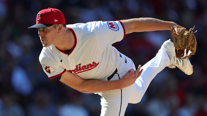 Cleveland Guardians relief pitcher Cade Smith (36) throws during the eighth inning of Game 2 of the American League wild card series at Progressive Field, Oct. 1, 2025, in Cleveland, Ohio.