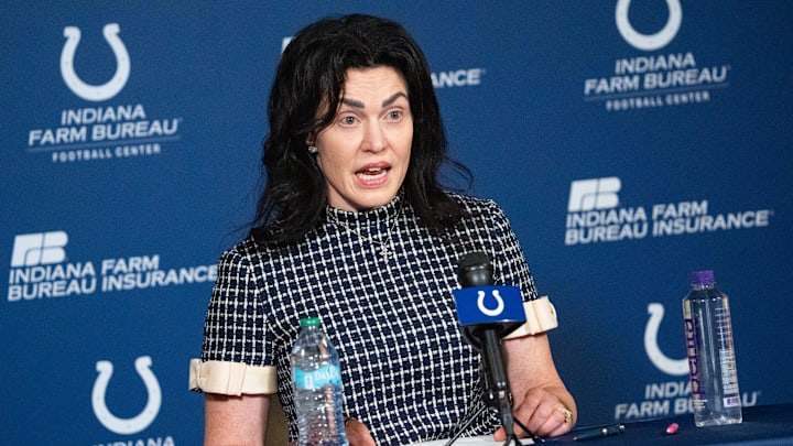 Carlie Irsay-Gordon speaks with media Monday, Jan. 5, 2026, during a press conference held at the Indianapolis Colts practice facility. Irsay-Gordon, the co-owner and CEO of the Colts, addressed questions about the team retaining head coach Shane Steichen and general manager Chris Ballard.