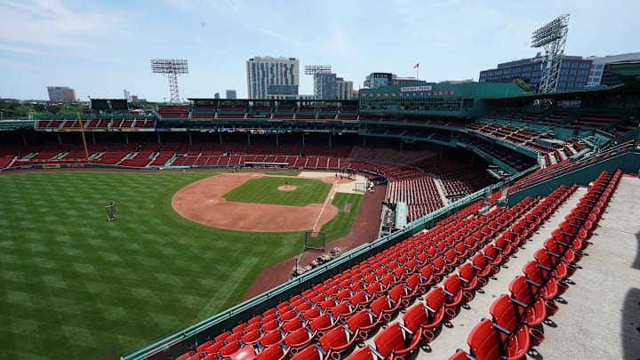 Jul 7, 2020; Boston, Massachusetts, United States; A general view of empty seats at Fenway Park during the Boston Red Sox Summer Camp. Mandatory Credit: David Butler II-Imagn Images
