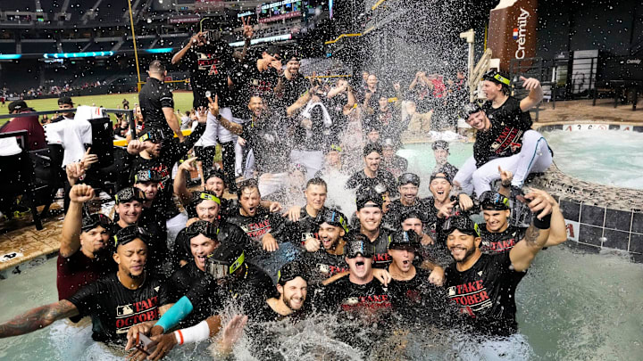 The Arizona Diamondbacks players celebrate in the outfield pool after clinching a wild card playoff