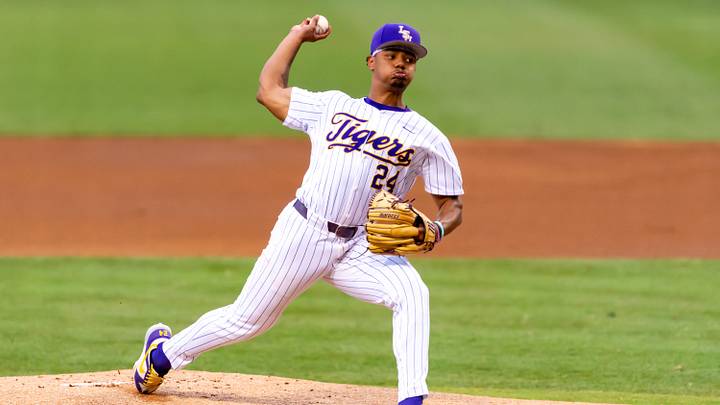 Tigers starting pitcher Anthony Eyanson 24, The LSU Tigers take on Little Rock Trojans in game 1 of the 2025 NCAA Div 1 Regional Baseball Championship at Alex Box Stadium in Baton Rouge, LA. Friday, May 30, 2025.