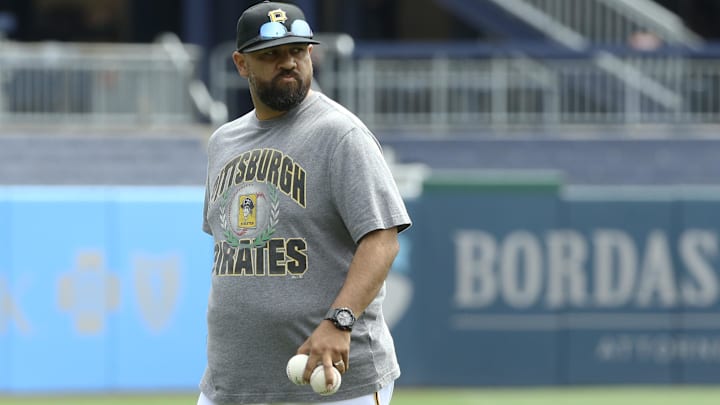 Jun 5, 2022; Pittsburgh, Pennsylvania, USA;  Pittsburgh Pirates pitching coach Oscar Marin (47)