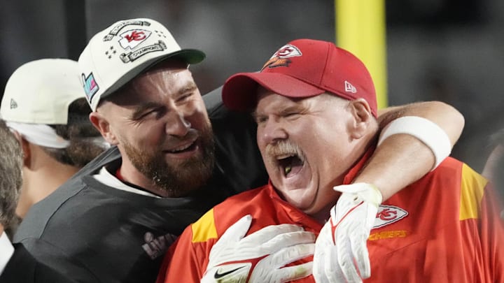 Kansas City Chiefs tight end Travis Kelce and coach Andy Reid celebrate winning Super Bowl LVII.