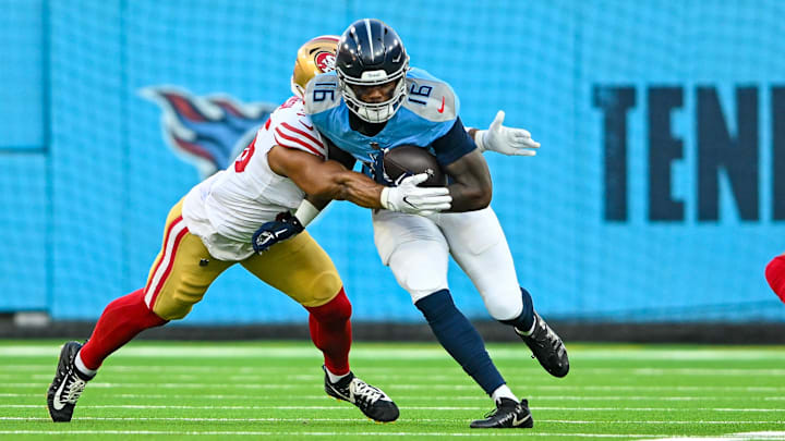 Aug 10, 2024; Nashville, Tennessee, USA;  Tennessee Titans wide receiver Treylon Burks (16) runs through a tackle against the San Francisco 49ers during the first half at Nissan Stadium.