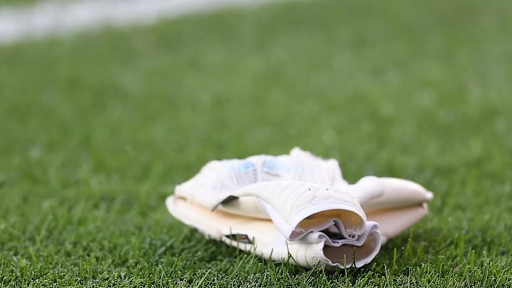 Aug 3, 2023; Sandy, UT, USA;  A general view of the goalkeepers gloves prior to a match between Real Salt Lake and Club Leon at America First Field. Mandatory Credit: Rob Gray-Imagn Images
