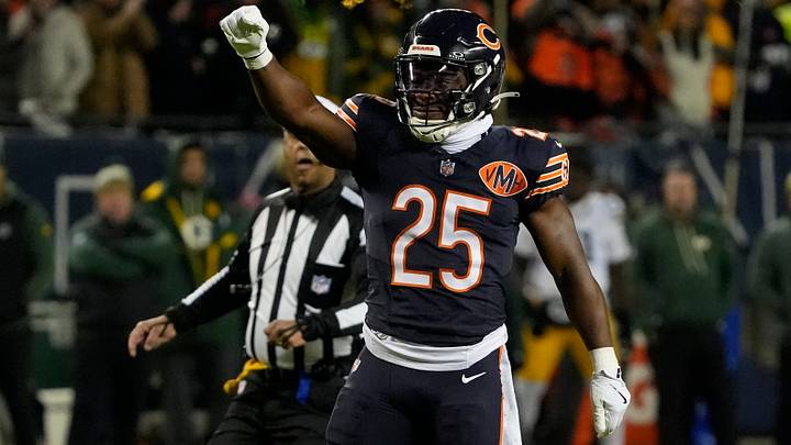 Chicago Bears running back Kyle Monangai (25) reacts after a first down carry against the Green Bay Packers during the first half of an NFC Wild Card Round game at Soldier Field. Mandatory Credit: David Banks-Imagn Images