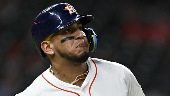 Jun 25, 2025; Houston, Texas, USA; Houston Astros third baseman Isaac Paredes (15) looks on in the eighth inning against the Philadelphia Phillies at Daikin Park. Mandatory Credit: Maria Lysaker-Imagn Images 