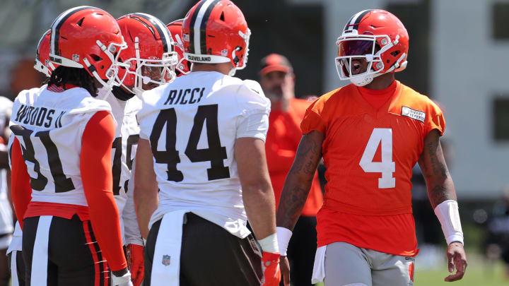 Browns quarterback Deshaun Watson (4) speaks with teammates during minicamp, Tuesday, June 11, 2024, in Berea.