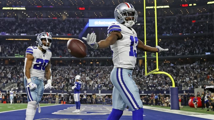 Dec 4, 2022; Arlington, Texas, USA;  Dallas Cowboys wide receiver Michael Gallup (13) reacts after
