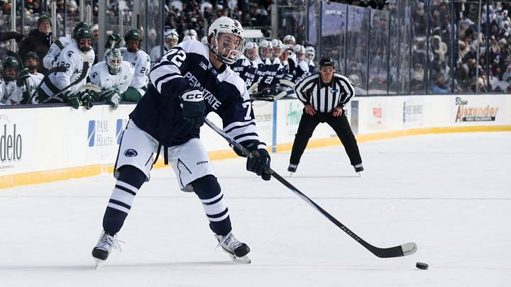 Jan 31, 2026; State College, PA, USA; Penn State Nittany Lions forward Gavin McKenna (72) looks to shoot the puck during the first period against the Michigan State Spartans at Beaver Stadium. Mandatory Credit: Matthew O'Haren-Imagn Images Jan 31, 2026; State College, PA, USA; Penn State Nittany Lions forward Gavin McKenna (72) looks to shoot the puck during the first period against the Michigan State Spartans at Beaver Stadium. Mandatory Credit: Matthew O'Haren-Imagn Images