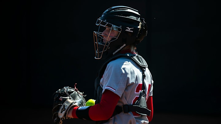 Nebraska catcher Ava Bredwell looks to the outfield during an NCAA Big Ten Conference softball game against Iowa, Tuesday, March 28, 2023, at Bob Pearl Field in Iowa City, Iowa.