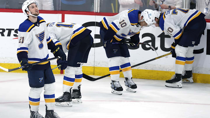May 4, 2025; Winnipeg, Manitoba, CAN; St. Louis Blues players react on their double overtime loss to the Winnipeg Jets in game seven of the first round of the 2025 Stanley Cup Playoffs at Canada Life Centre. Mandatory Credit: James Carey Lauder-Imagn Images
