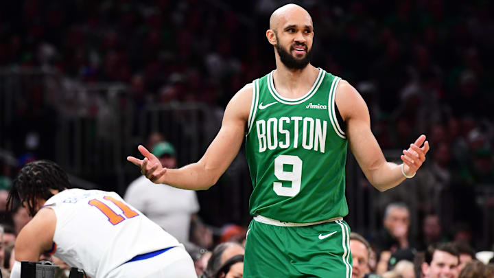 Feb 23, 2025; Boston, Massachusetts, USA; Boston Celtics guard Derrick White (9) reacts after a turnover during the first half against the New York Knicks at TD Garden. Mandatory Credit: Bob DeChiara-Imagn Images Feb 23, 2025; Boston, Massachusetts, USA; Boston Celtics guard Derrick White (9) reacts after a turnover during the first half against the New York Knicks at TD Garden. Mandatory Credit: Bob DeChiara-Imagn Images