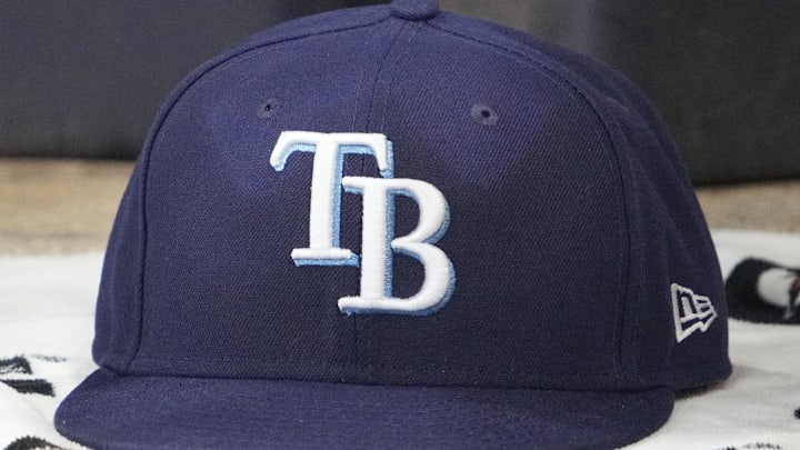 Mar 30, 2026; Milwaukee, Wisconsin, USA; A detailed view of the Tampa Bay Rays hat at American Family Field. 