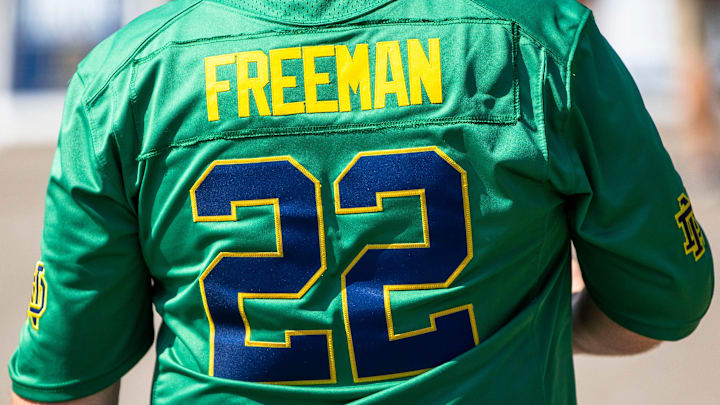 A fan wears a Freeman    22 jersey before the Notre Dame vs. California NCAA football game Saturday, Sept. 17, 2022 at Notre Dame Stadium in South Bend.

Notre Dame Vs California