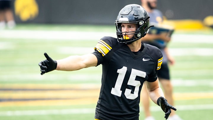 Aug 9, 2025; Iowa wide receiver Reece Vander Zee (15) lines up during the Hawkeyes Kids Day NCAA football open practice at Kinnick Stadium in Iowa City, Iowa. Mandatory Credit: Joseph Cress for the Des Moines Register